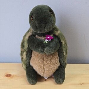 Vintage GUND Whiz Turtle Plush Green Holding Flowers Stuffed Animal 1980s